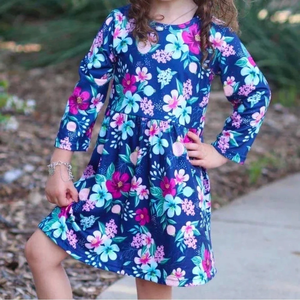 Navy Blue Purple Pink Green Floral Long Sleeve Casual Dress